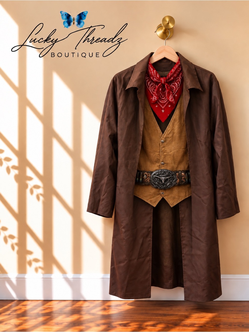 Cowboy Outlaw Costume Mens XL Duster Vest Belt Bandana Halloween Western